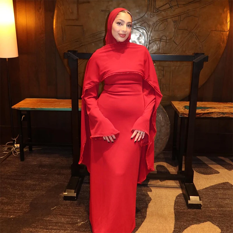 White Pearl Trim Cape Maxi Dress Women Elegant Long Sleeve Cinching Waist Muslim Robes 2026 Spring EID Abaya Lady Dresses