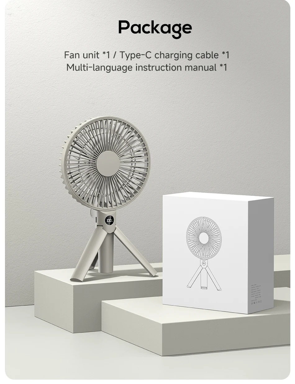 XIAOTREE Portable Handheld Rechargeable Fan LED Digital Display 180°Adjustable Rechargeable Fan 4 Speed Wind Camping Tripod Fan