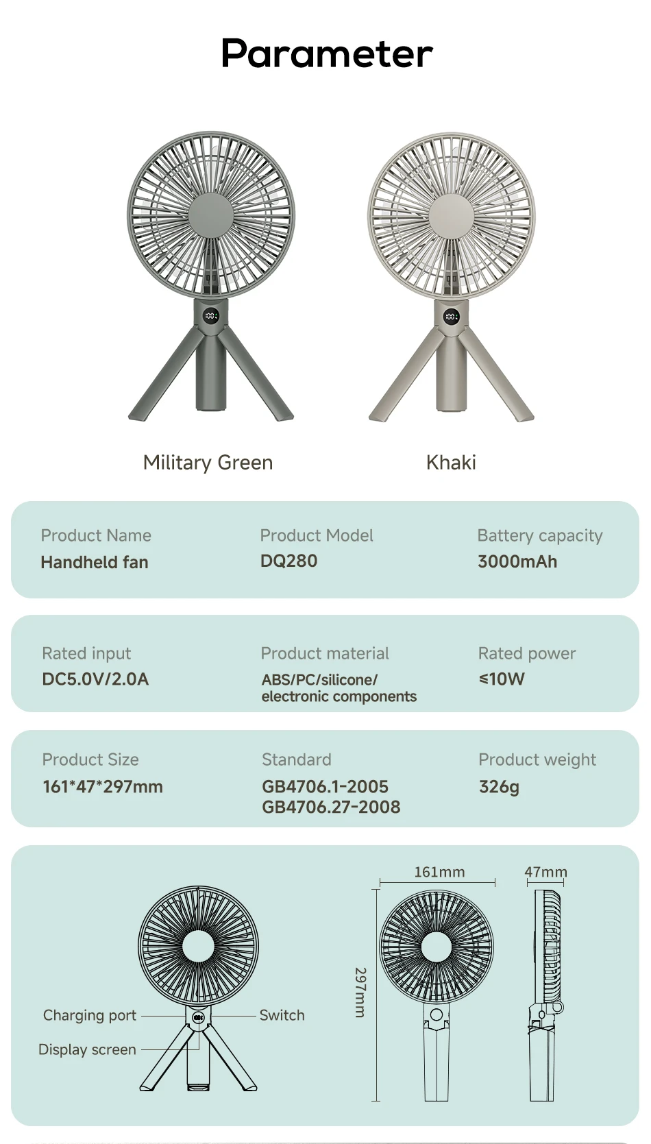 XIAOTREE Portable Handheld Rechargeable Fan LED Digital Display 180°Adjustable Rechargeable Fan 4 Speed Wind Camping Tripod Fan