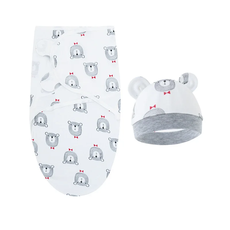 Baby Blanket Hat Set Cartoon Printed Cotton Newborn Swaddle Adjustable Infant Blankets Wraps Applicable All Seasons 0-6 Months