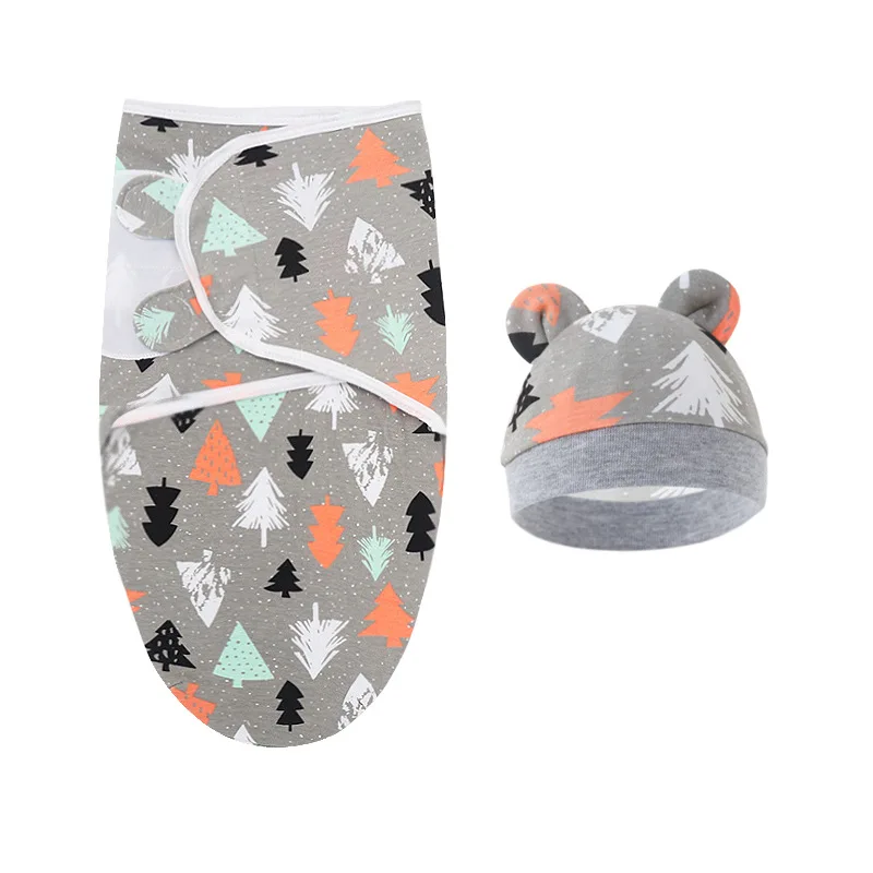 Baby Blanket Hat Set Cartoon Printed Cotton Newborn Swaddle Adjustable Infant Blankets Wraps Applicable All Seasons 0-6 Months
