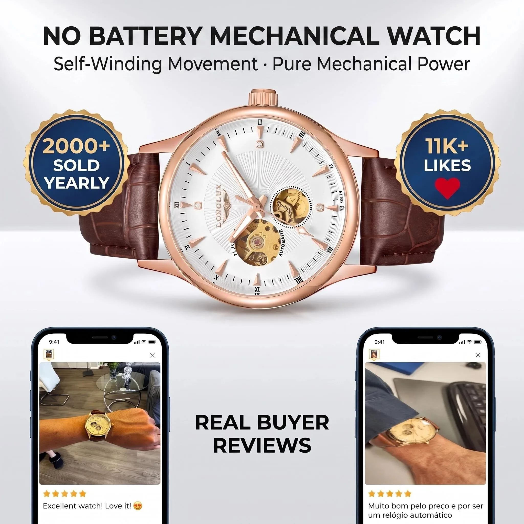 LONGLUX Automatic Watch Elegant Style Wholesale Mechanical Wristwatches Skeleton Rome Waterproof Mens Watch Men Gift