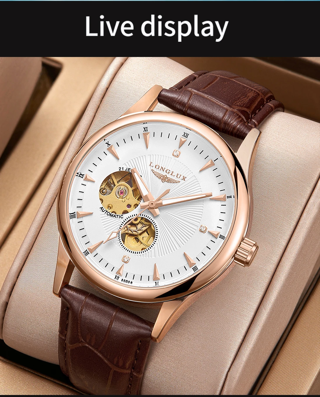 LONGLUX Automatic Watch Elegant Style Wholesale Mechanical Wristwatches Skeleton Rome Waterproof Mens Watch Men Gift