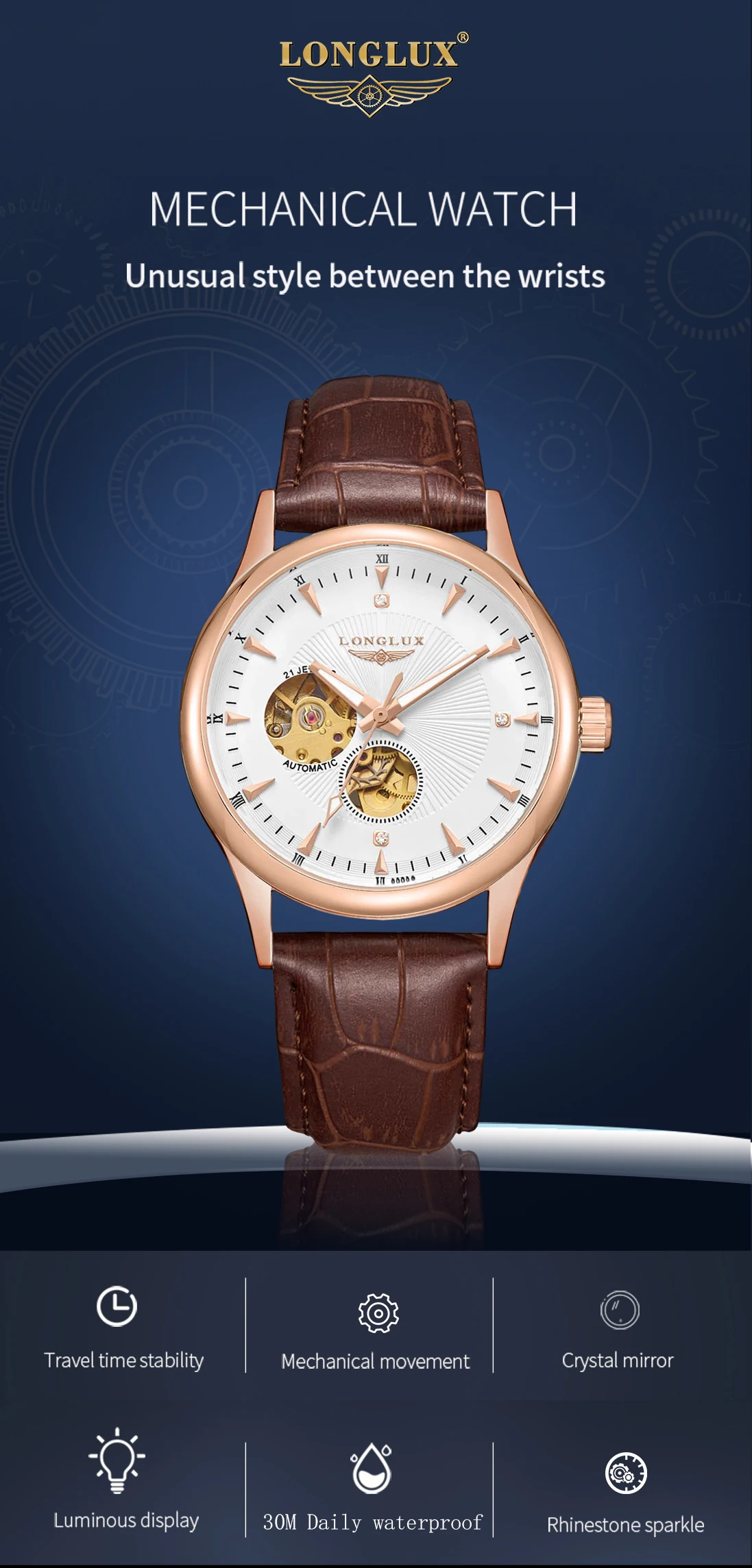 LONGLUX Automatic Watch Elegant Style Wholesale Mechanical Wristwatches Skeleton Rome Waterproof Mens Watch Men Gift