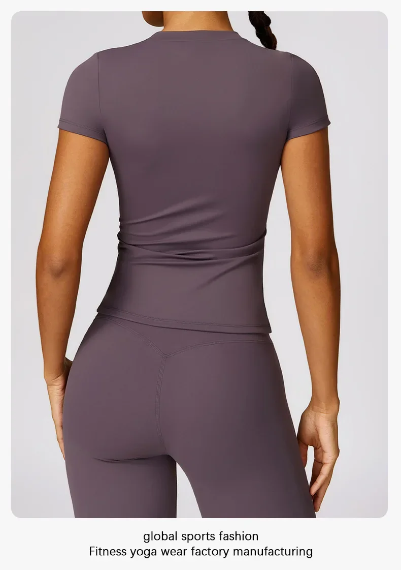 Summer Short Sleeve Yoga Top Women Workout Gym Crop Top Slim Fit Round Neck Yoga Shirt Seamless Sports Stretchy Shirts