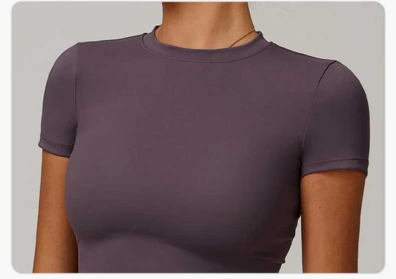 Summer Short Sleeve Yoga Top Women Workout Gym Crop Top Slim Fit Round Neck Yoga Shirt Seamless Sports Stretchy Shirts
