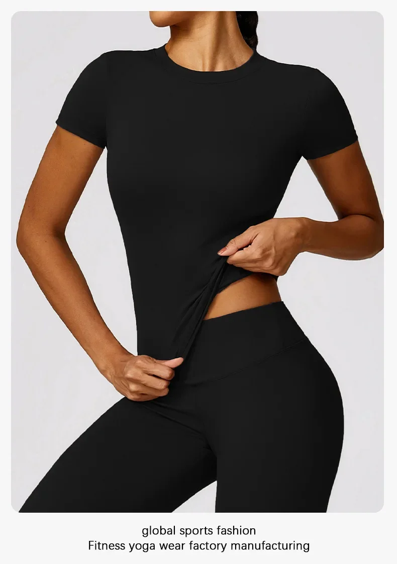 Summer Short Sleeve Yoga Top Women Workout Gym Crop Top Slim Fit Round Neck Yoga Shirt Seamless Sports Stretchy Shirts