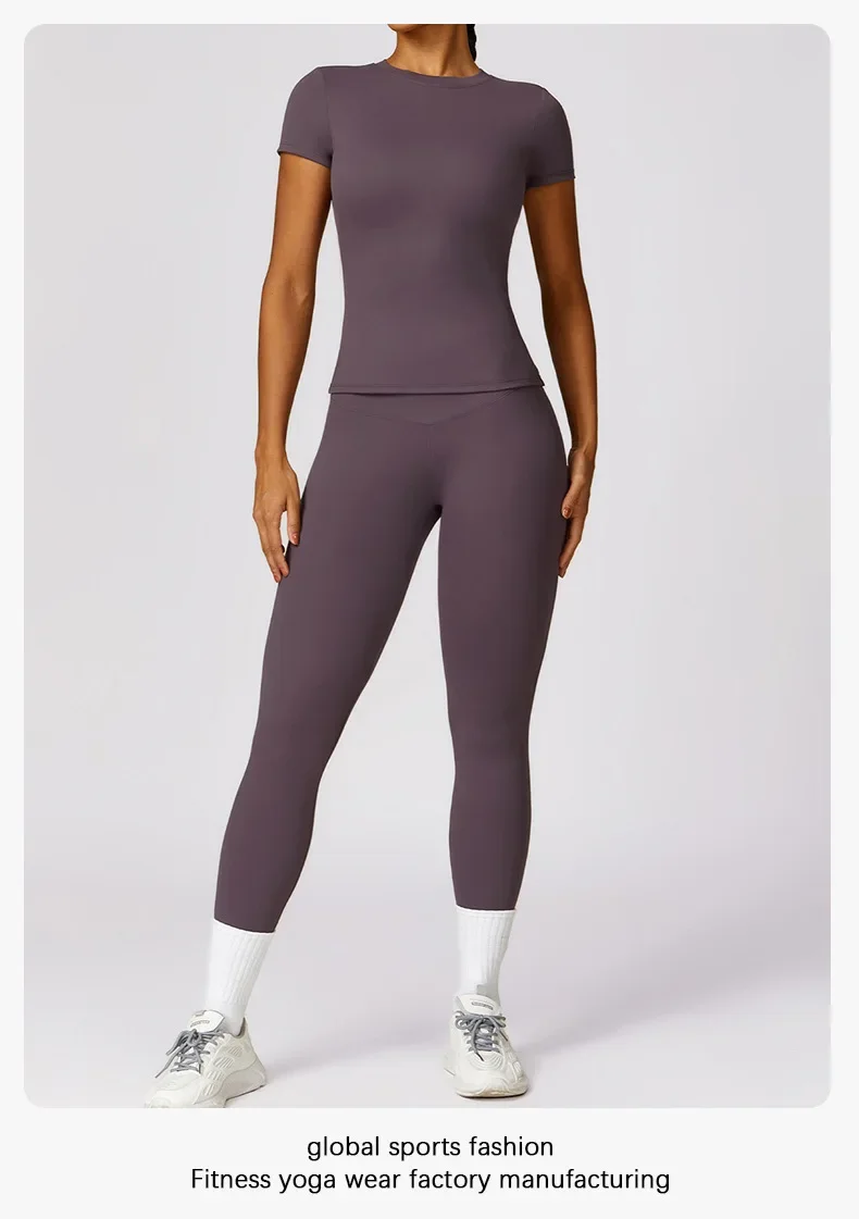 Summer Short Sleeve Yoga Top Women Workout Gym Crop Top Slim Fit Round Neck Yoga Shirt Seamless Sports Stretchy Shirts