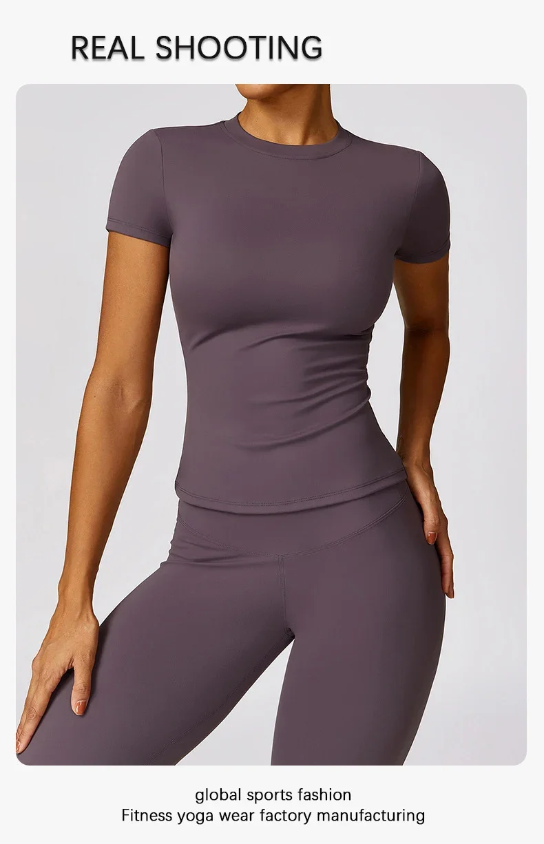 Summer Short Sleeve Yoga Top Women Workout Gym Crop Top Slim Fit Round Neck Yoga Shirt Seamless Sports Stretchy Shirts