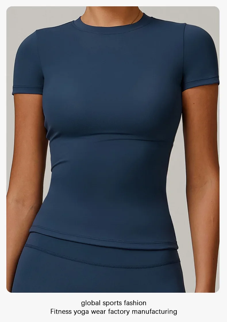 Summer Short Sleeve Yoga Top Women Workout Gym Crop Top Slim Fit Round Neck Yoga Shirt Seamless Sports Stretchy Shirts