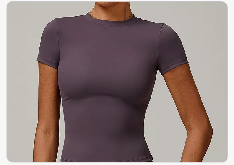 Summer Short Sleeve Yoga Top Women Workout Gym Crop Top Slim Fit Round Neck Yoga Shirt Seamless Sports Stretchy Shirts