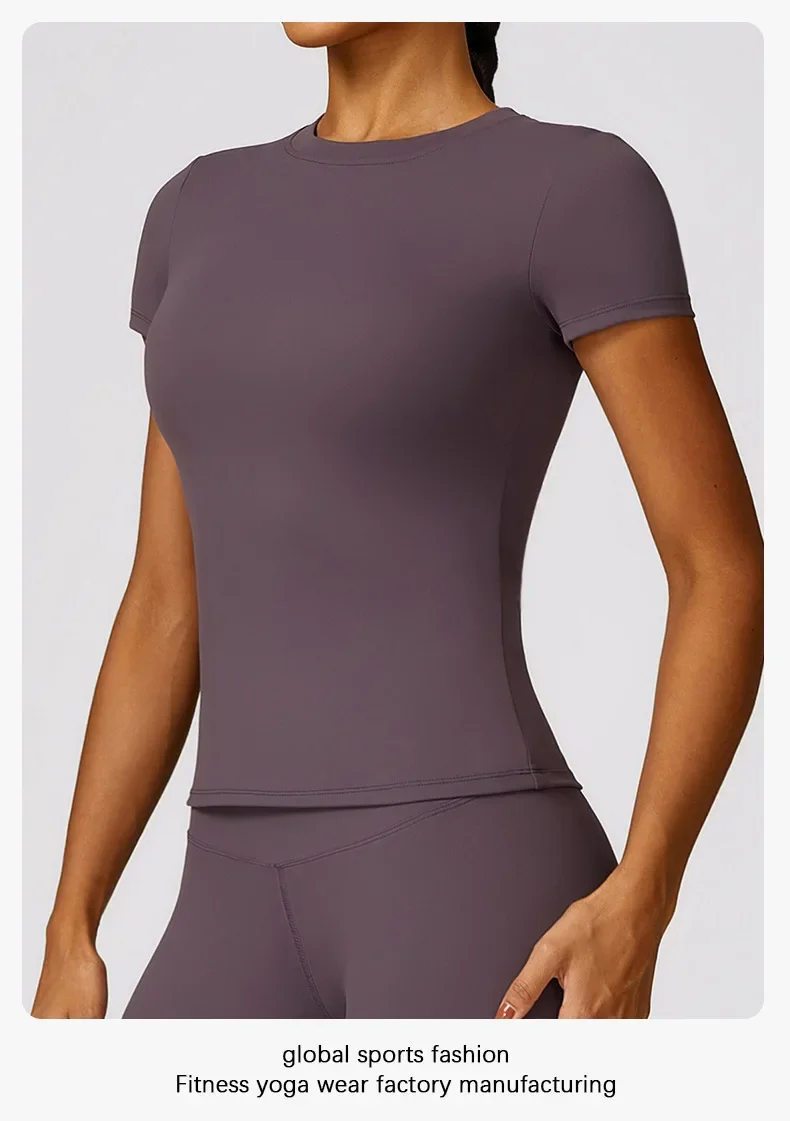 Summer Short Sleeve Yoga Top Women Workout Gym Crop Top Slim Fit Round Neck Yoga Shirt Seamless Sports Stretchy Shirts