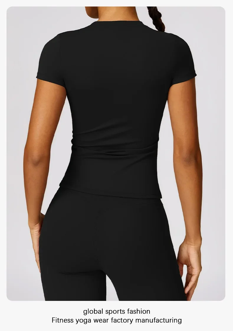 Summer Short Sleeve Yoga Top Women Workout Gym Crop Top Slim Fit Round Neck Yoga Shirt Seamless Sports Stretchy Shirts