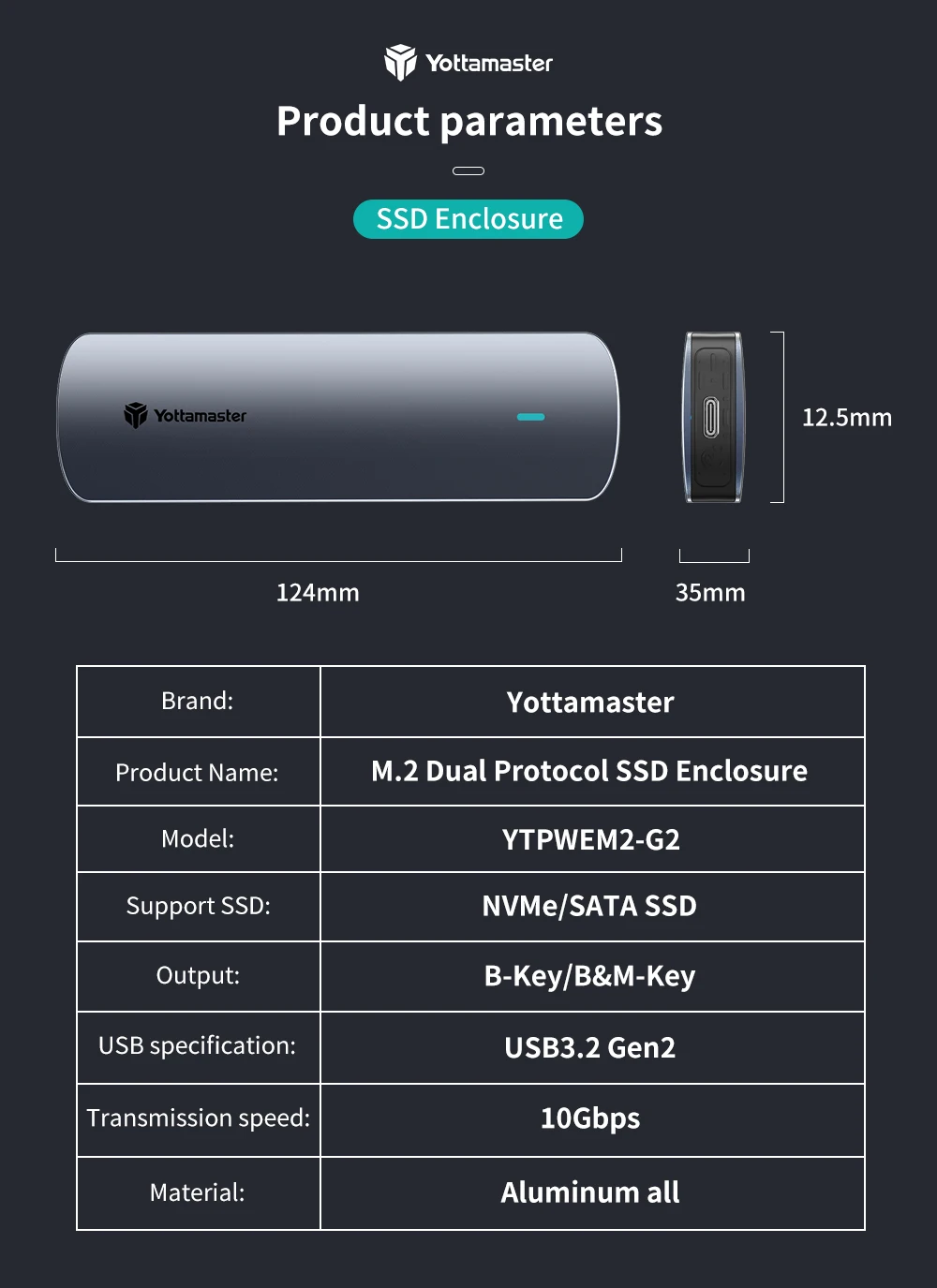 Yottamaster SATA M.2 NVMe SSD Enclosure Dual Portocol NVMe to USB Adapter USB 3.1 Gen2 USB C External Case Box Aluminum Alloy