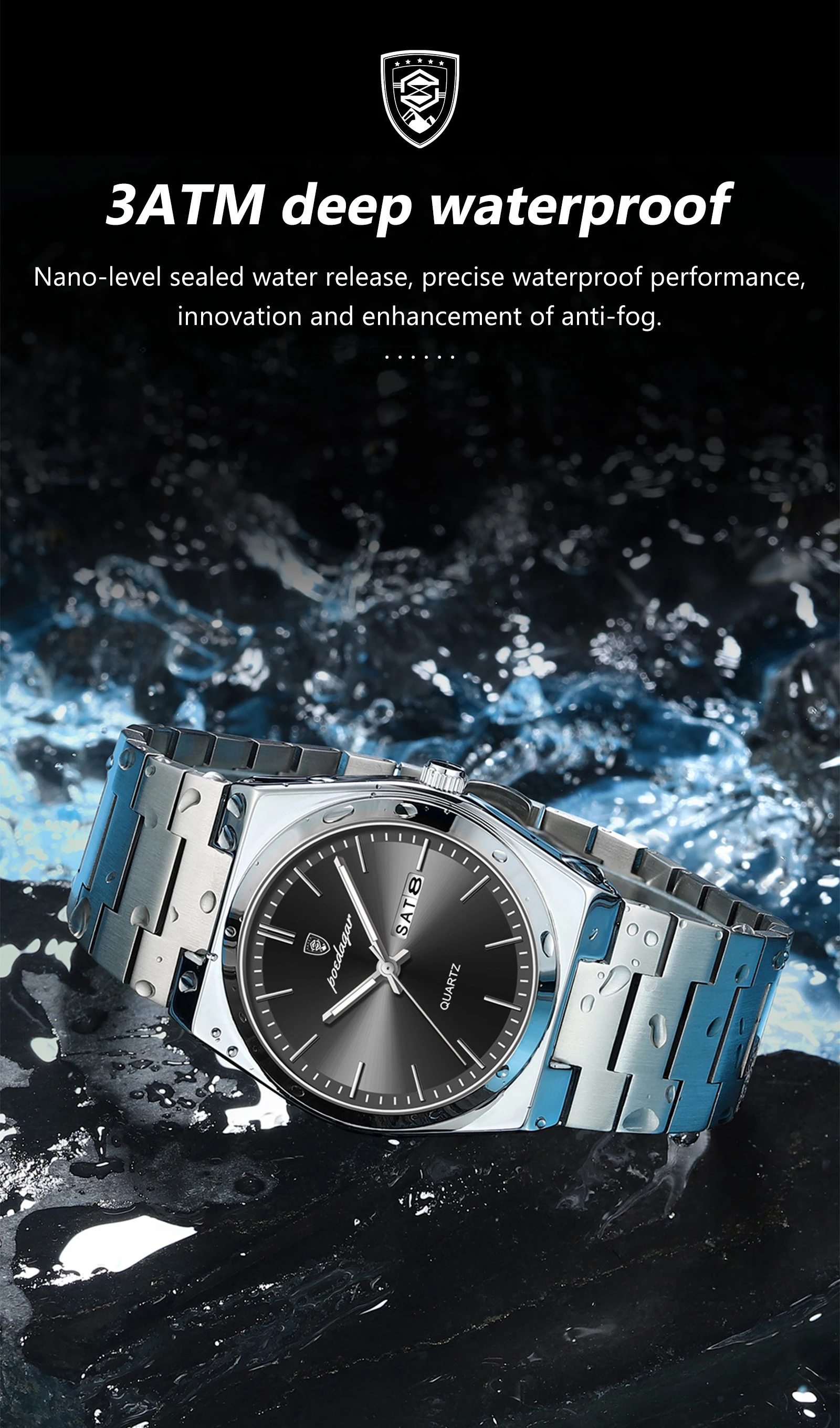 POEDAGAR Luxury Men's Quartz Wristwatch Waterproof Luminous Date Week Man Watch Stainless Steel Business Fashion Watches For Men