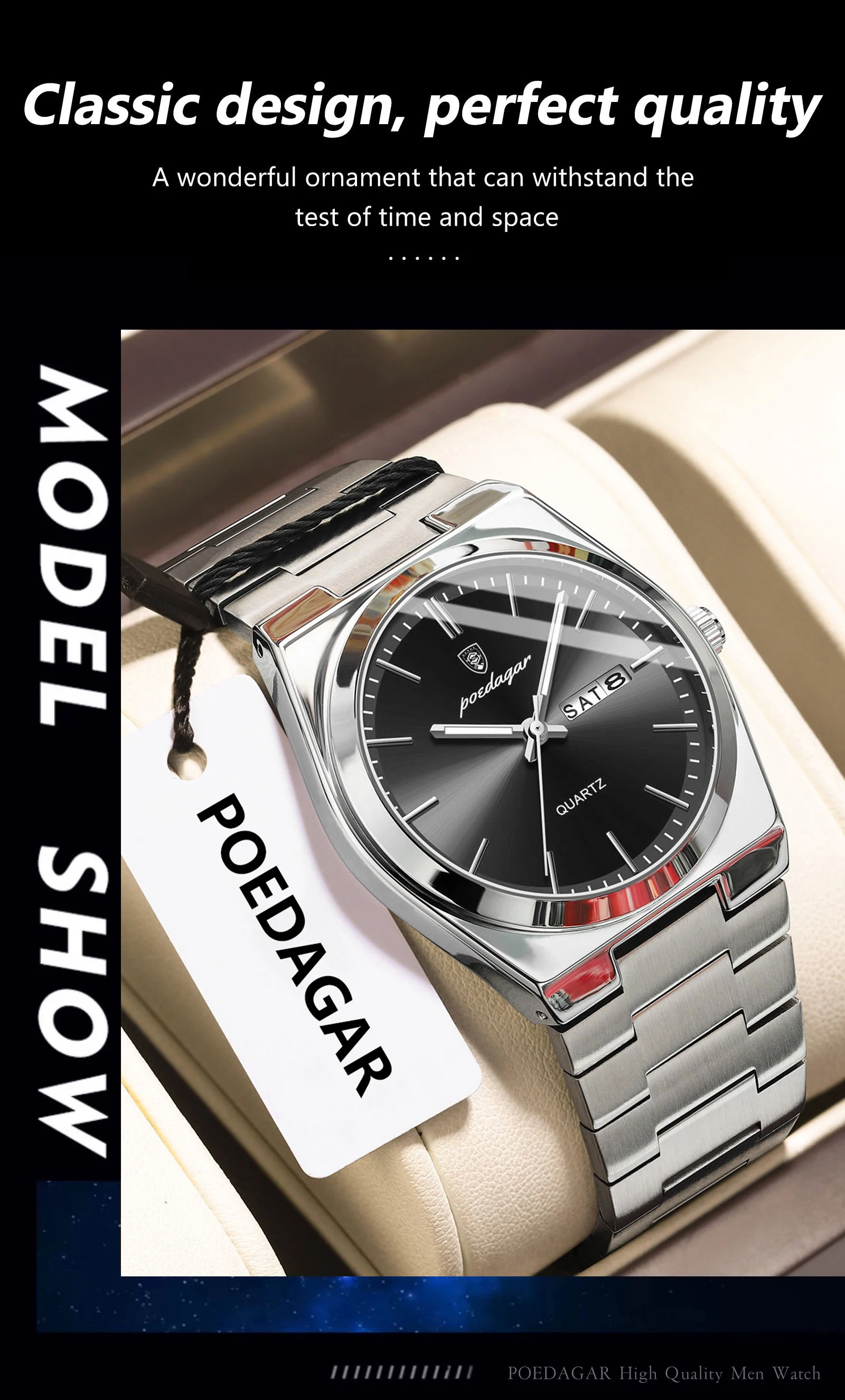 POEDAGAR Luxury Men's Quartz Wristwatch Waterproof Luminous Date Week Man Watch Stainless Steel Business Fashion Watches For Men