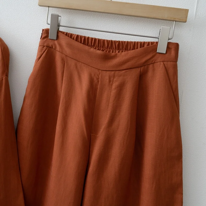 Women's Linen Two Piece Set Kimono Wrap Top & Wide Leg Pants Caramel Loose Loungewear Outfit with Waist Tie for summer