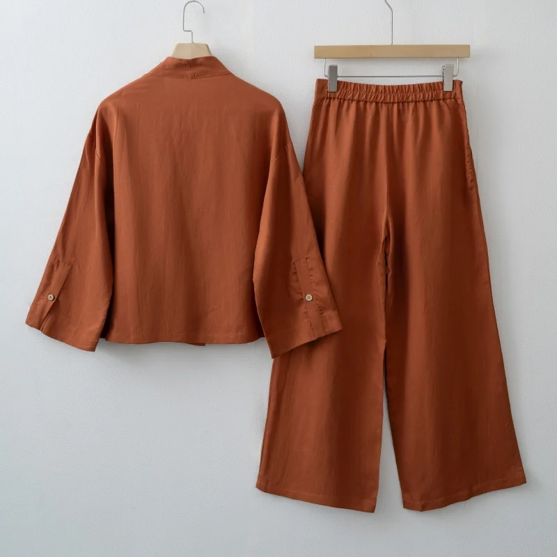 Women's Linen Two Piece Set Kimono Wrap Top & Wide Leg Pants Caramel Loose Loungewear Outfit with Waist Tie for summer