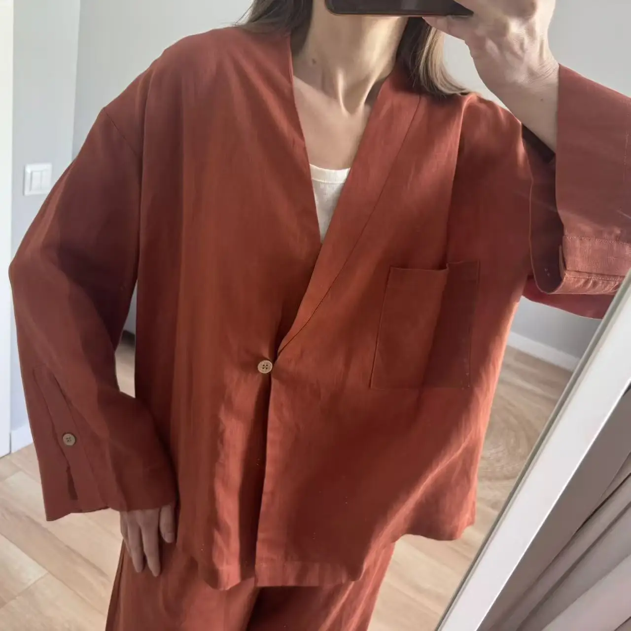Women's Linen Two Piece Set Kimono Wrap Top & Wide Leg Pants Caramel Loose Loungewear Outfit with Waist Tie for summer