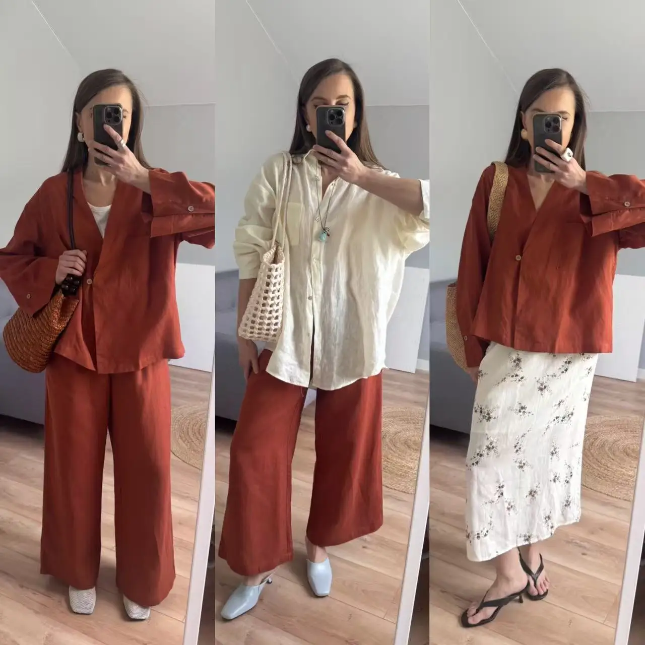 Women's Linen Two Piece Set Kimono Wrap Top & Wide Leg Pants Caramel Loose Loungewear Outfit with Waist Tie for summer