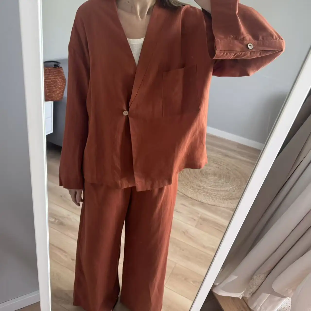 Women's Linen Two Piece Set Kimono Wrap Top & Wide Leg Pants Caramel Loose Loungewear Outfit with Waist Tie for summer