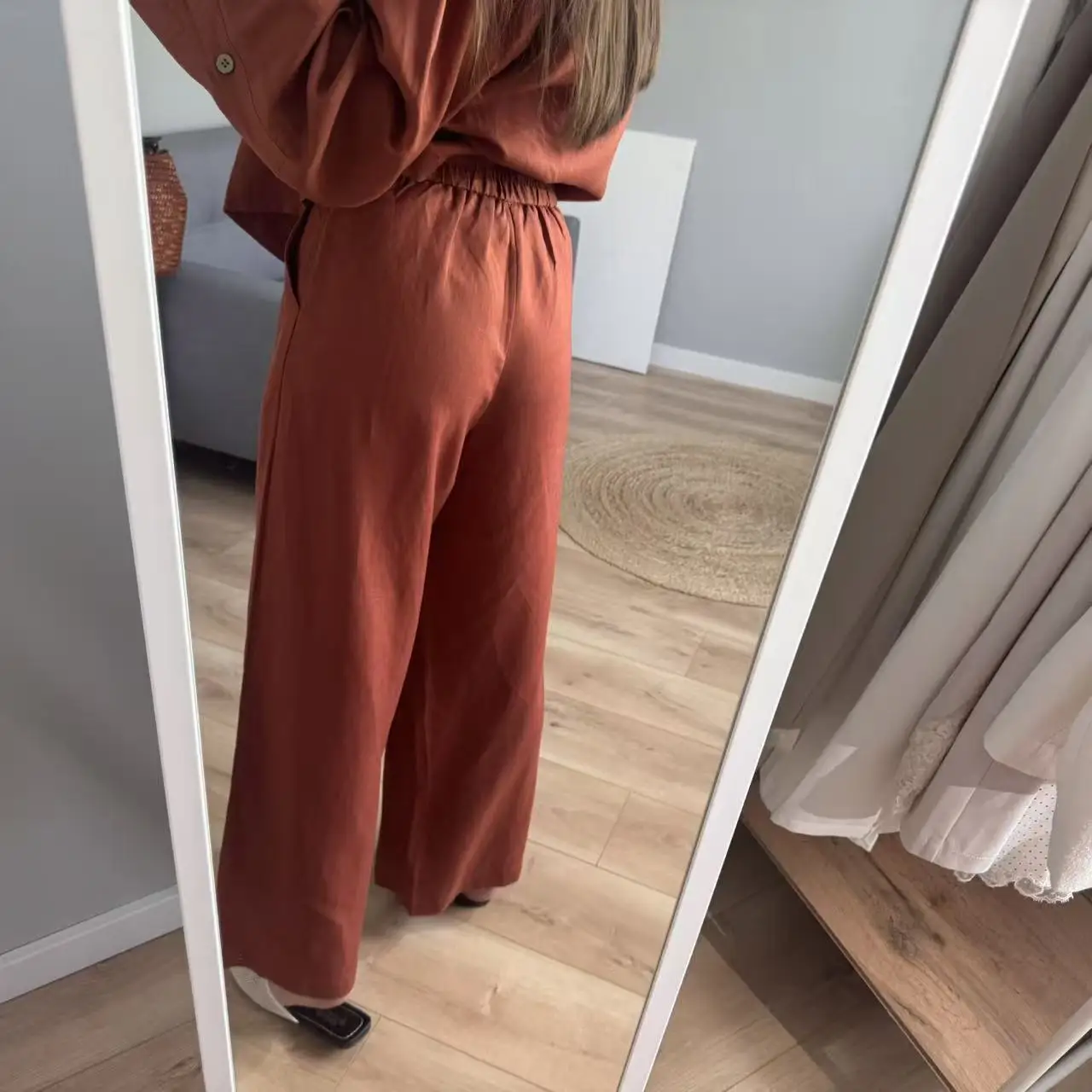 Women's Linen Two Piece Set Kimono Wrap Top & Wide Leg Pants Caramel Loose Loungewear Outfit with Waist Tie for summer