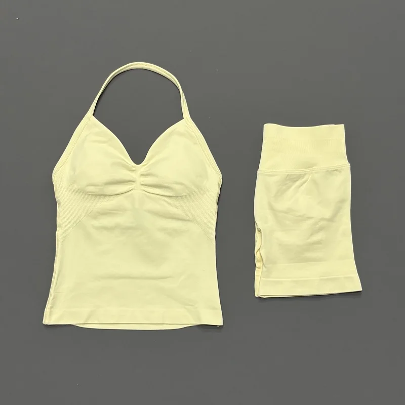 2 Pieces Sports Set Women Backless Tank Yoga Tops High Waist Scrunch Seamless Shorts Sport Gym Set Sportswear Workout Set
