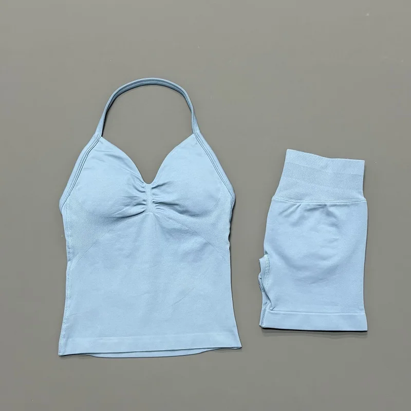 2 Pieces Sports Set Women Backless Tank Yoga Tops High Waist Scrunch Seamless Shorts Sport Gym Set Sportswear Workout Set