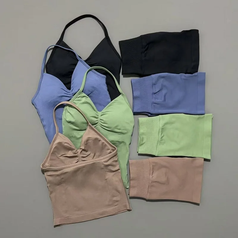 2 Pieces Sports Set Women Backless Tank Yoga Tops High Waist Scrunch Seamless Shorts Sport Gym Set Sportswear Workout Set