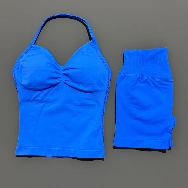 2 Pieces Sports Set Women Backless Tank Yoga Tops High Waist Scrunch Seamless Shorts Sport Gym Set Sportswear Workout Set