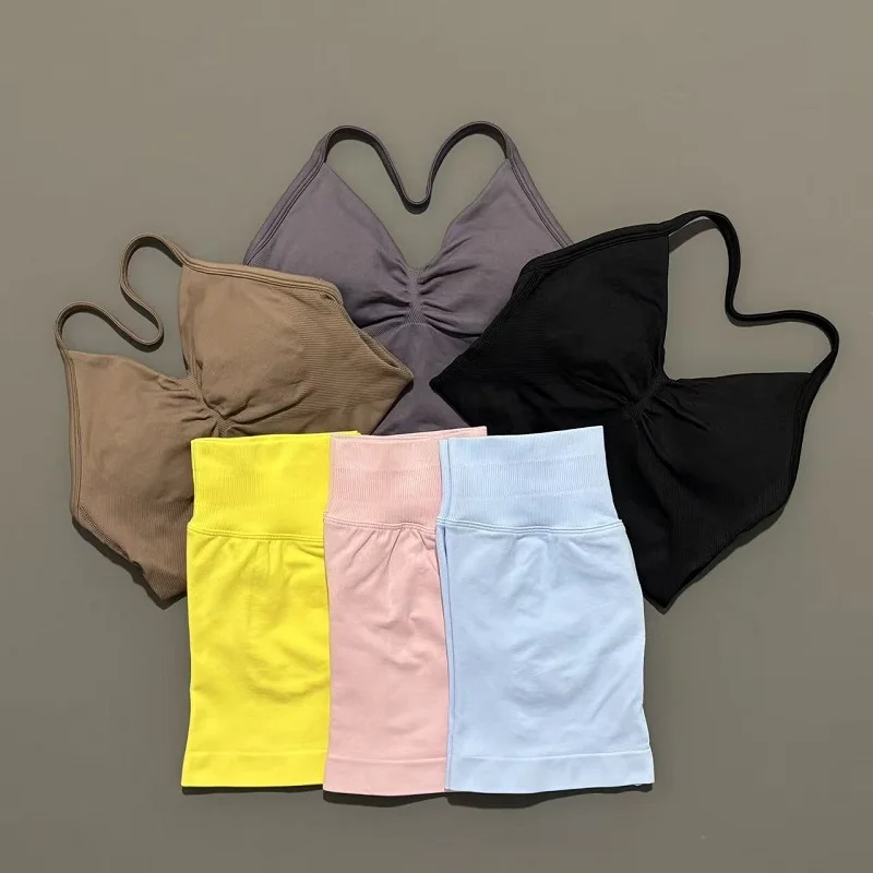 2 Pieces Sports Set Women Backless Tank Yoga Tops High Waist Scrunch Seamless Shorts Sport Gym Set Sportswear Workout Set