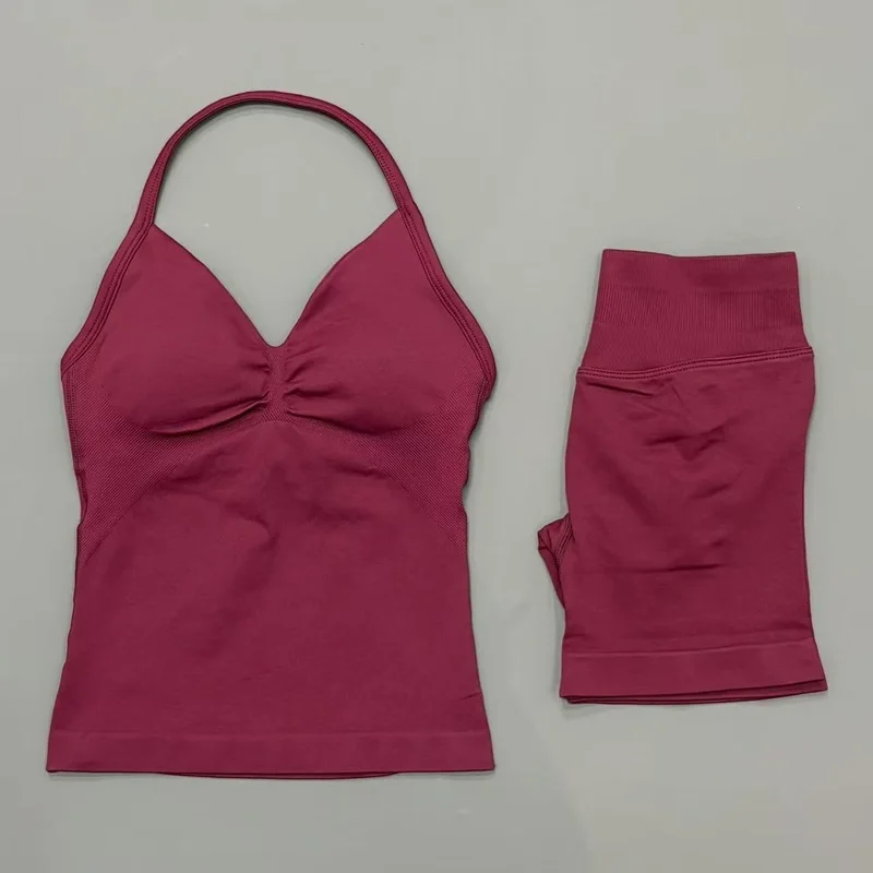 2 Pieces Sports Set Women Backless Tank Yoga Tops High Waist Scrunch Seamless Shorts Sport Gym Set Sportswear Workout Set