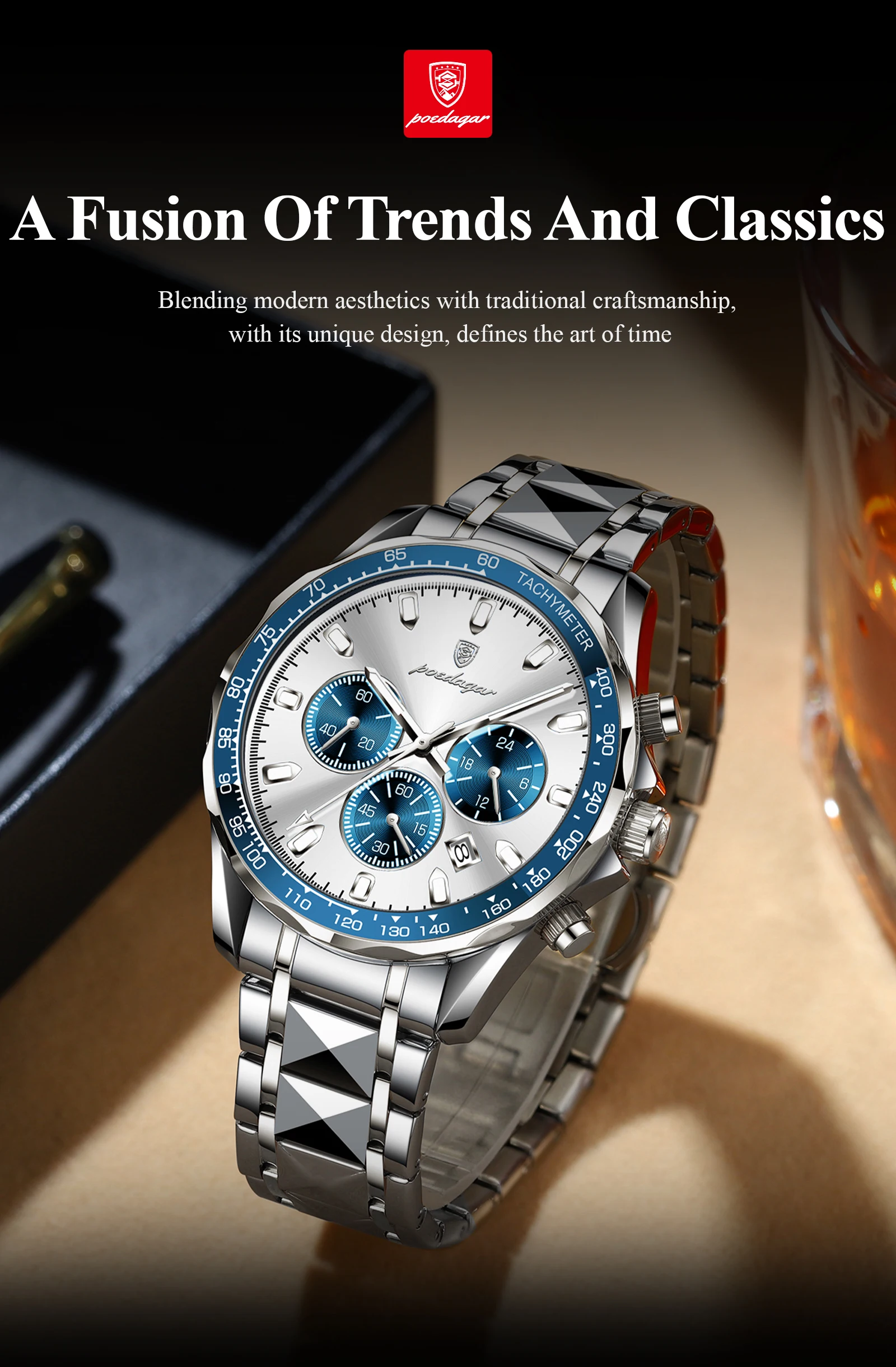 POEDAGAR Luxury Brand Men Watch Waterproof Luminous Stainless Steel Men's Watches Chronograph Date Quartz Business Watch For Man