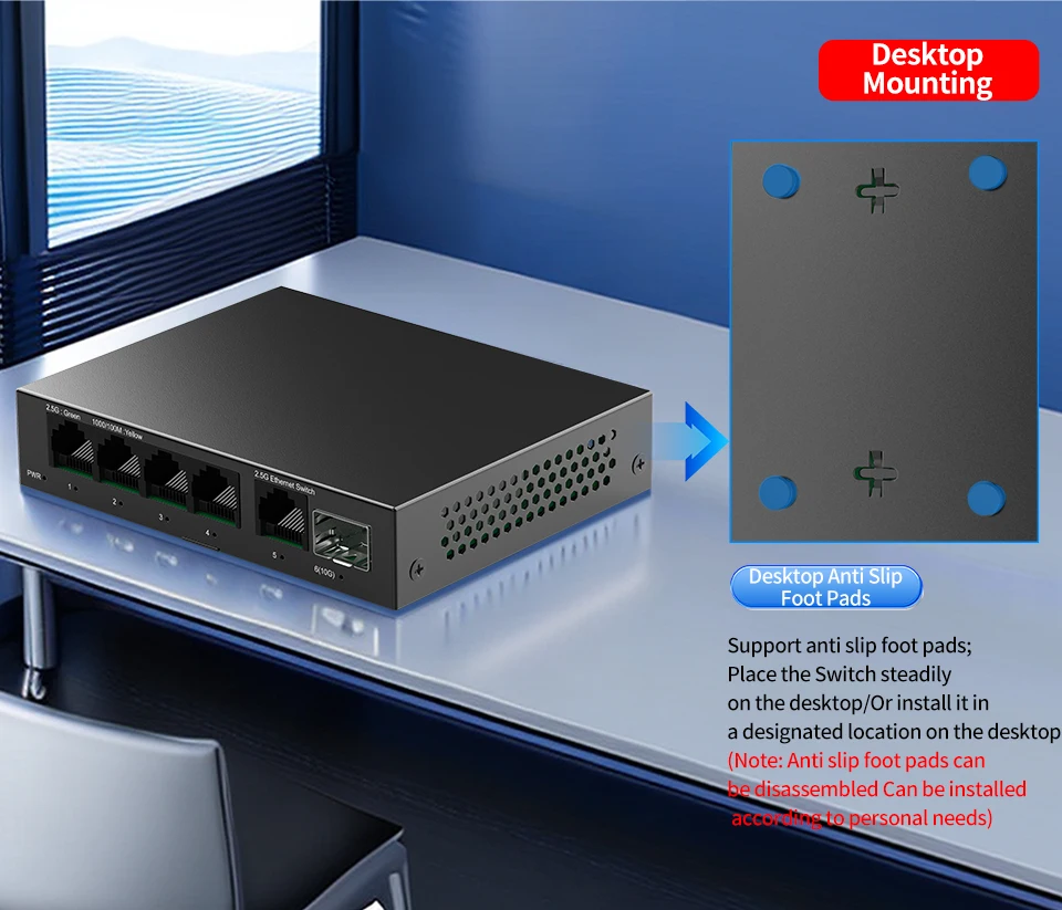 5 Port 2.5GbE Ethernet Switch Unmanaged 2.5Gbps Network Switch 1 Port 10Gb SFP+ Slot Home Lab Setup Switch Plug and Play