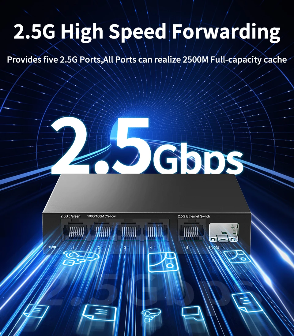 5 Port 2.5GbE Ethernet Switch Unmanaged 2.5Gbps Network Switch 1 Port 10Gb SFP+ Slot Home Lab Setup Switch Plug and Play