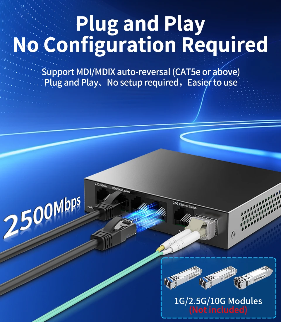 5 Port 2.5GbE Ethernet Switch Unmanaged 2.5Gbps Network Switch 1 Port 10Gb SFP+ Slot Home Lab Setup Switch Plug and Play