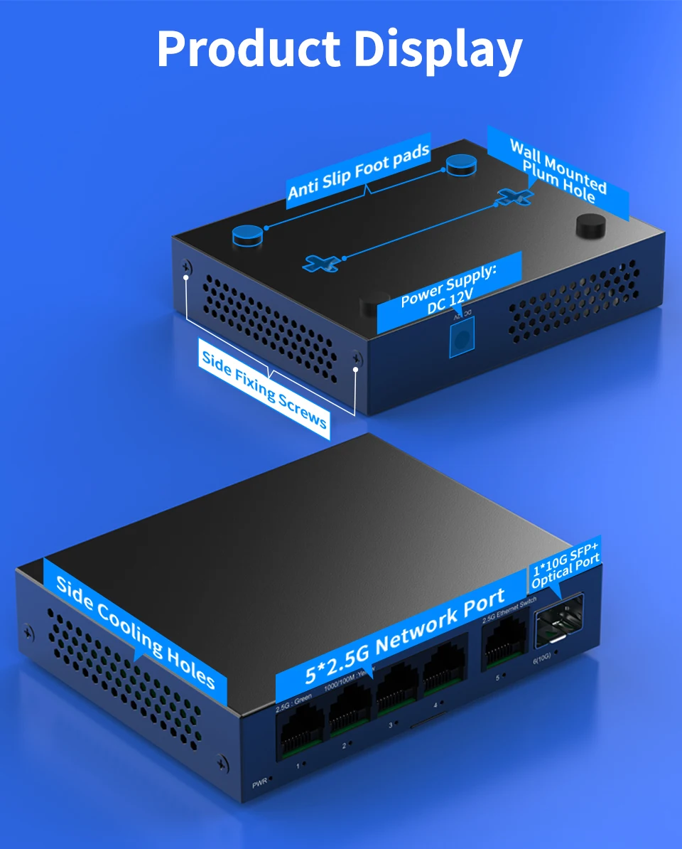 5 Port 2.5GbE Ethernet Switch Unmanaged 2.5Gbps Network Switch 1 Port 10Gb SFP+ Slot Home Lab Setup Switch Plug and Play