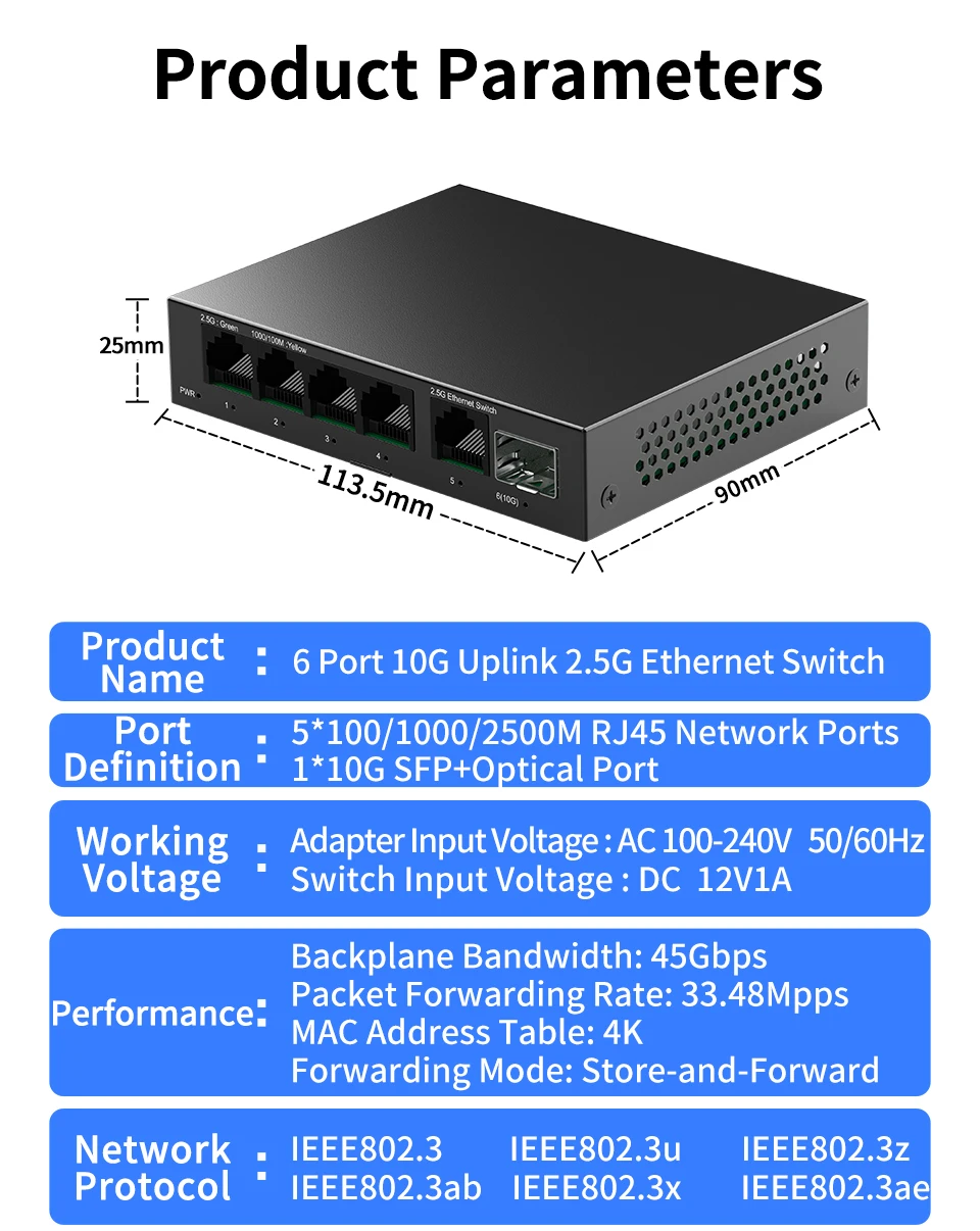 5 Port 2.5GbE Ethernet Switch Unmanaged 2.5Gbps Network Switch 1 Port 10Gb SFP+ Slot Home Lab Setup Switch Plug and Play