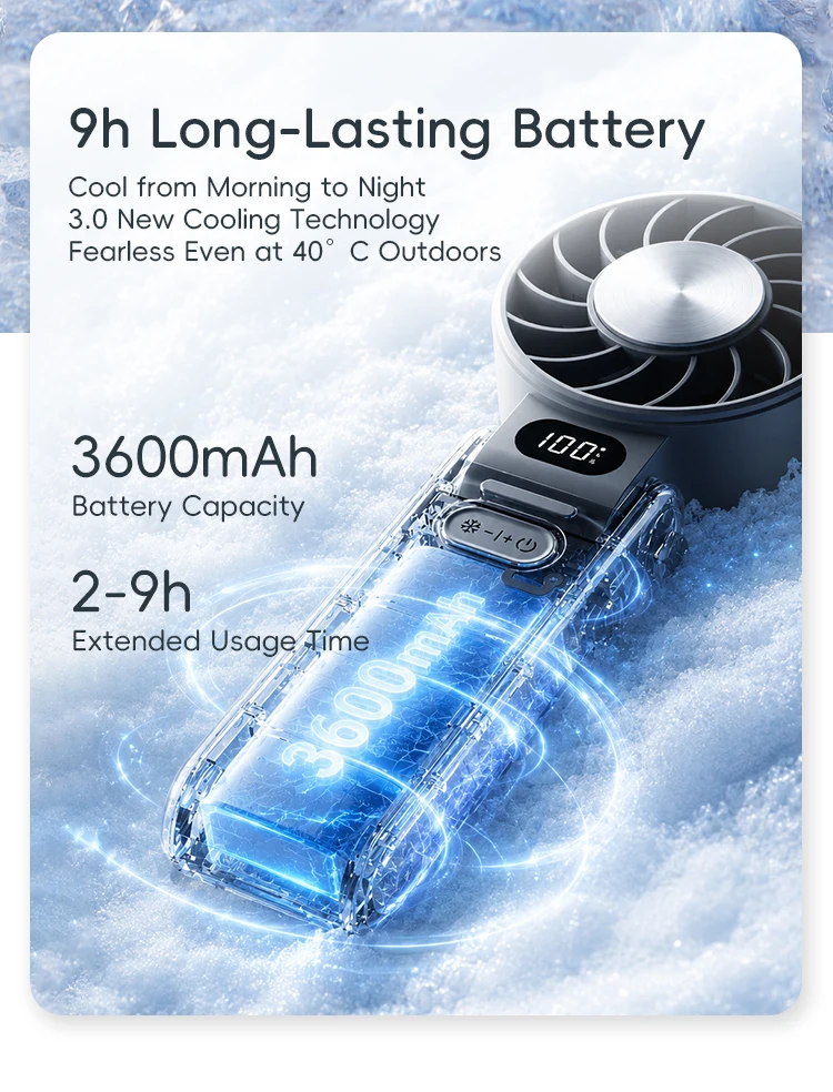 Kinscoter New Cooling Handheld Fan 3600mAh Foldable Portable Fan 100-level Free Control High Speed Mini Personal Fan W/ Lanyard