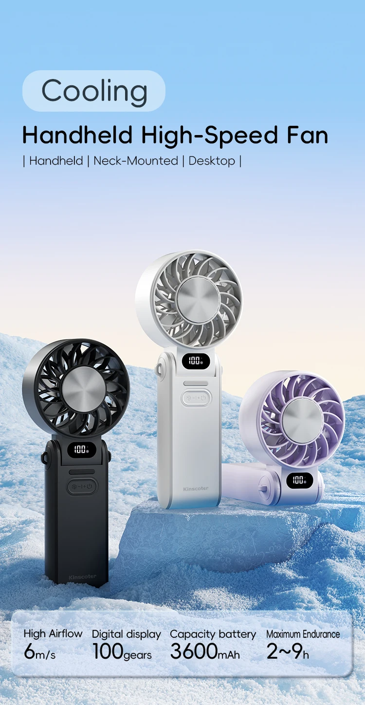 Kinscoter New Cooling Handheld Fan 3600mAh Foldable Portable Fan 100-level Free Control High Speed Mini Personal Fan W/ Lanyard
