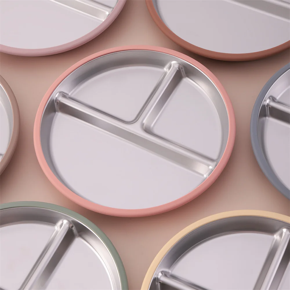 Color Kids 1PCS Stainless Steel Plate Detachable Suction Dishes Baby Feeding Sucker Bowl Food Grade Silicone Food Tray Tableware