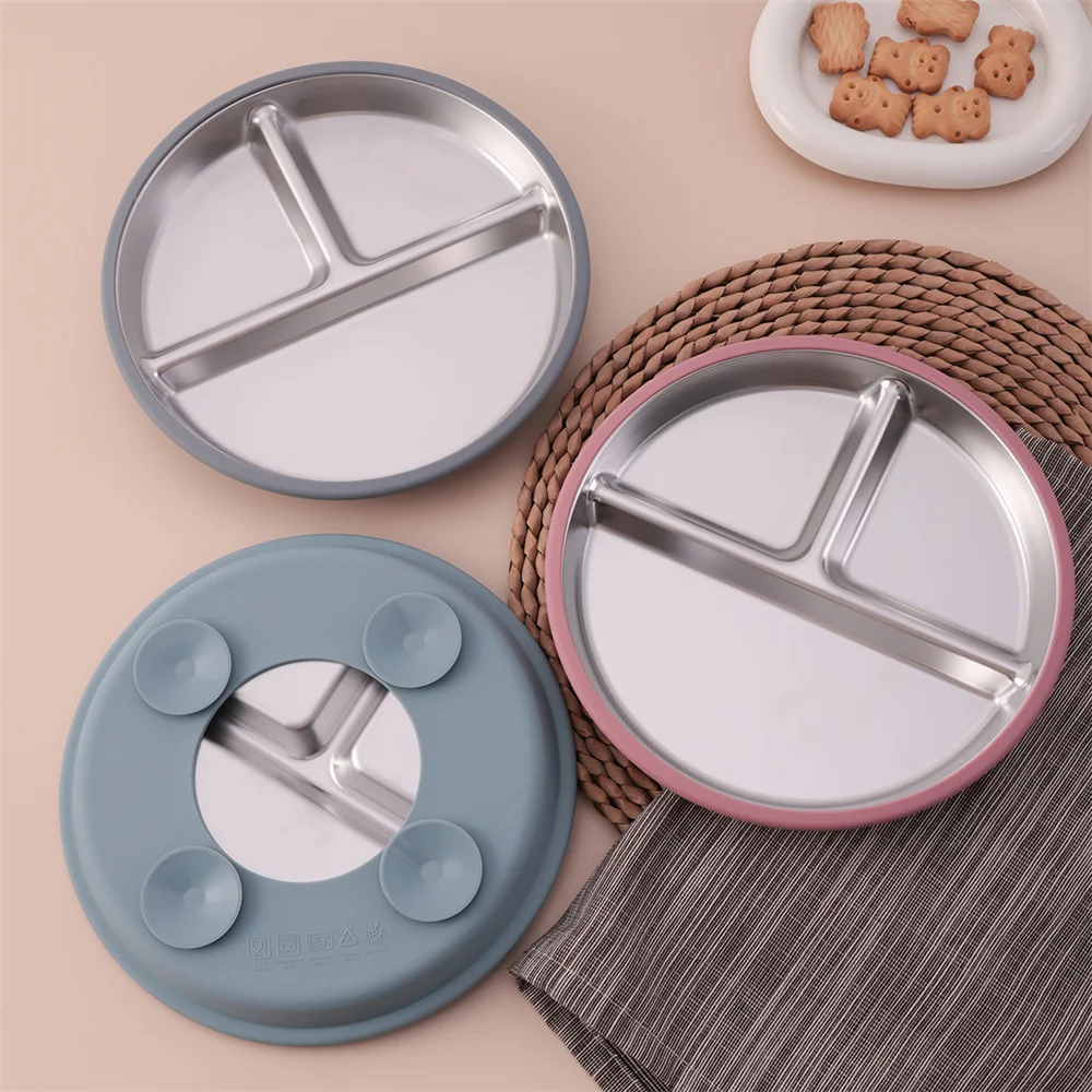 Color Kids 1PCS Stainless Steel Plate Detachable Suction Dishes Baby Feeding Sucker Bowl Food Grade Silicone Food Tray Tableware