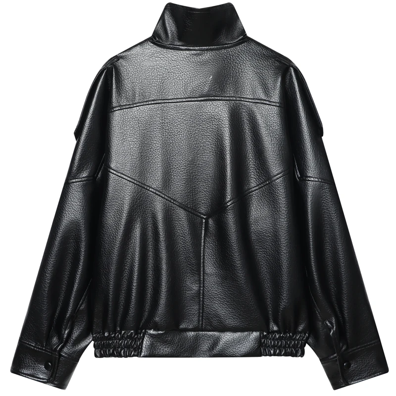 HXAO Faux Leather Black Jackets For Woman New Arrival Cropped Oversize Bomber Jacket Zip-Up Long Sleeve Coats Motorcycle Jackets
