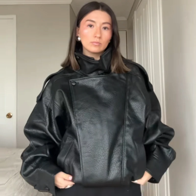 HXAO Faux Leather Black Jackets For Woman New Arrival Cropped Oversize Bomber Jacket Zip-Up Long Sleeve Coats Motorcycle Jackets