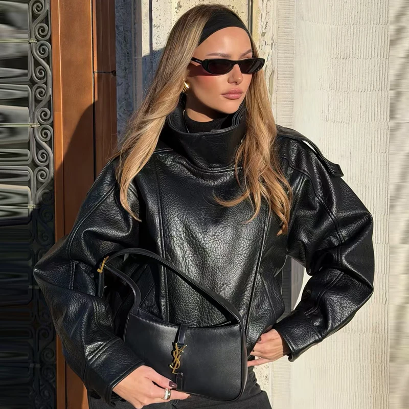 HXAO Faux Leather Black Jackets For Woman New Arrival Cropped Oversize Bomber Jacket Zip-Up Long Sleeve Coats Motorcycle Jackets