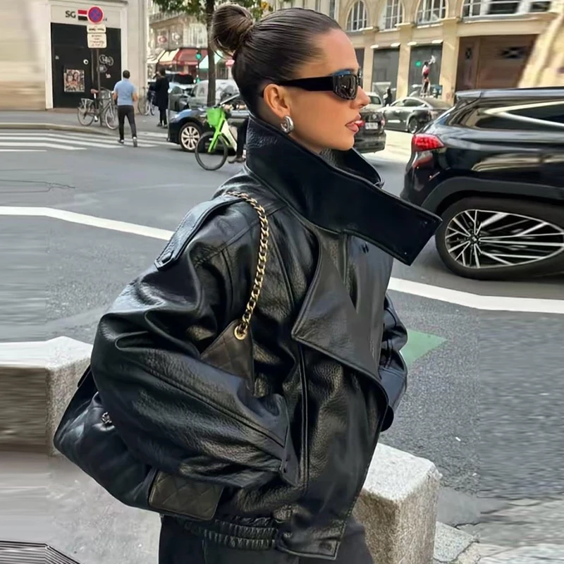 HXAO Faux Leather Black Jackets For Woman New Arrival Cropped Oversize Bomber Jacket Zip-Up Long Sleeve Coats Motorcycle Jackets
