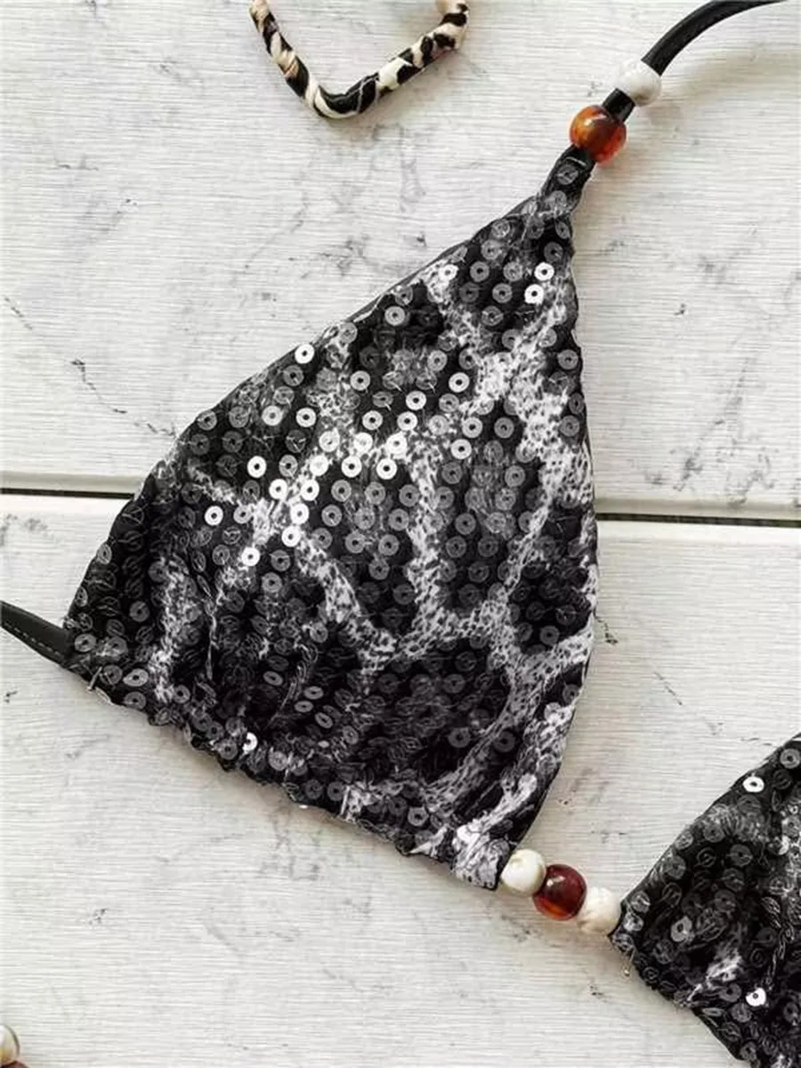 2026 Leopard Sequins Halter Strappy Bikini Women Swimwear Female Swimsuit Two-pieces Bikini Set Bather Bathing Suit Swim Lady