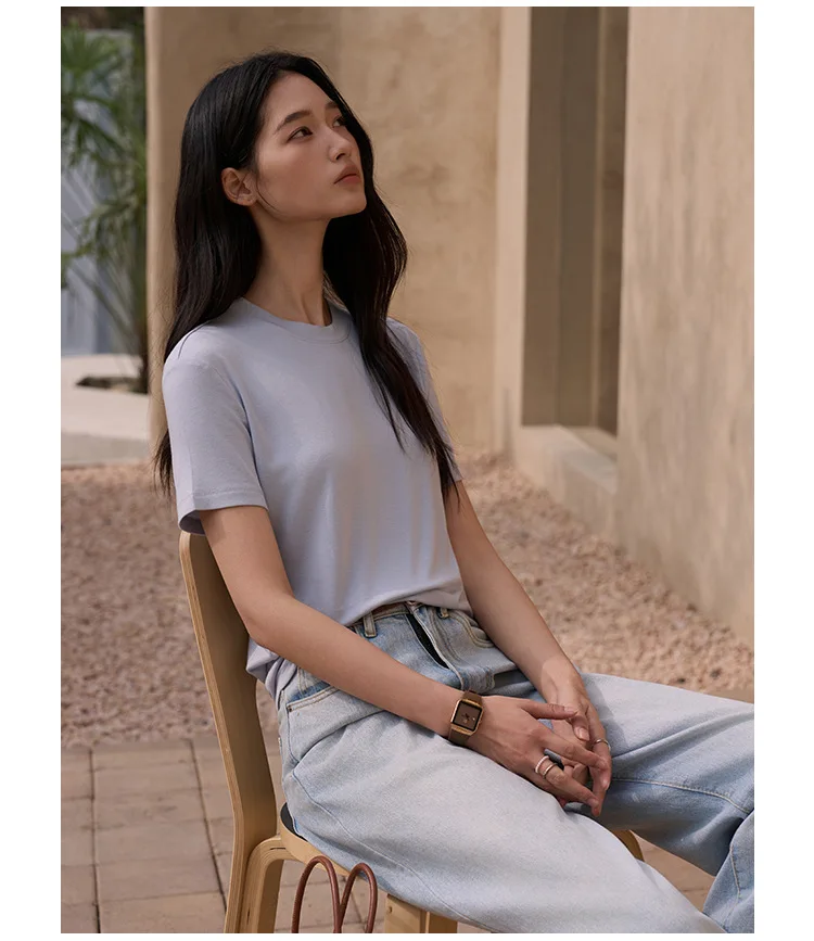 Silk Short Sleeve Women's Summer Round Neck Wool Outerwear T-shirt Slim Fit Base Shirt