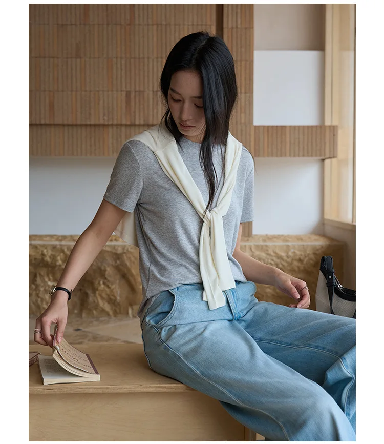 Silk Short Sleeve Women's Summer Round Neck Wool Outerwear T-shirt Slim Fit Base Shirt
