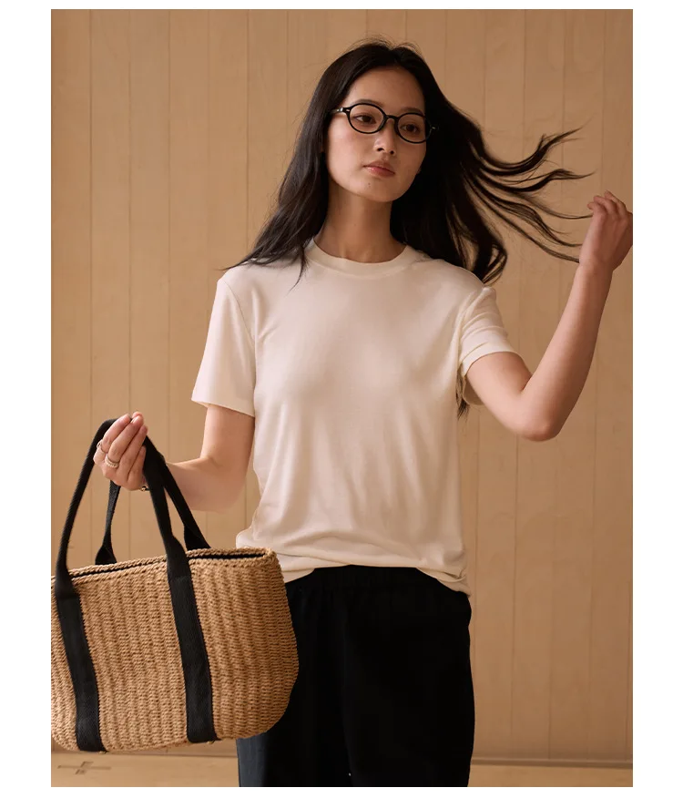 Silk Short Sleeve Women's Summer Round Neck Wool Outerwear T-shirt Slim Fit Base Shirt